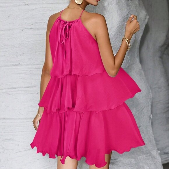 Hot Pink Casual Women's Ruffled tiered Mini Dress - Picture 2 of 6